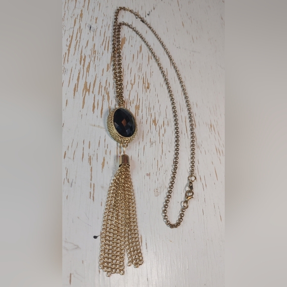 Single Gold Chain Long Necklace Black Glass Pendant Chain Tassel Jewelry Boho - Picture 5 of 5